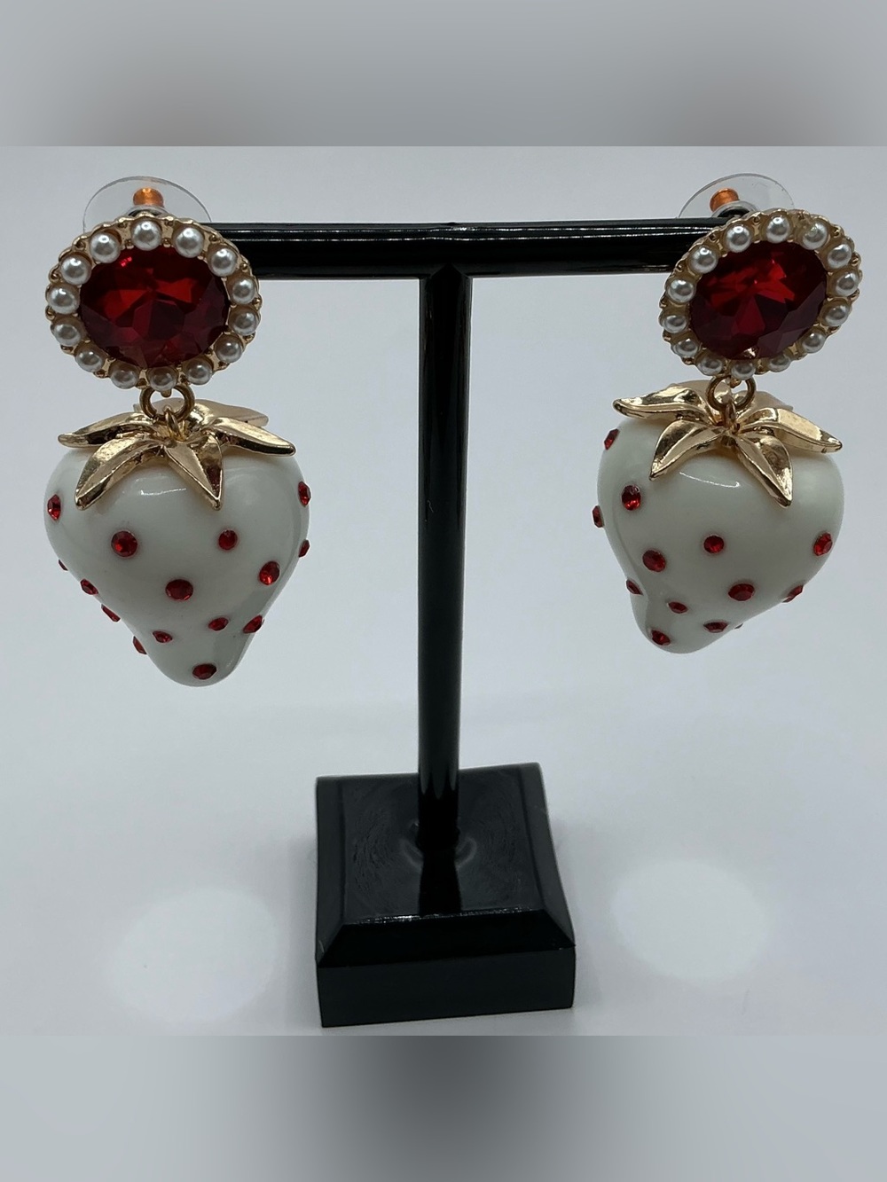 BETSY JOHNSON WHITE STRAWBERRY DROP EARRINGS RED RHINESTONES AND FAUX PEARLS
